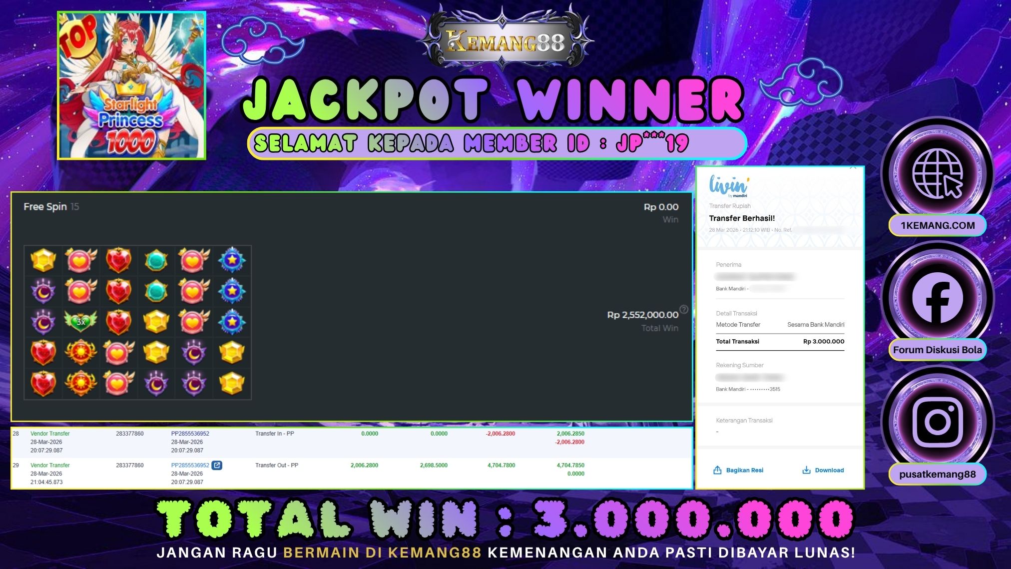 KEMANG88 [28 Maret 2026] : JACKPOT SLOT : STARLIGHT PRINCESS 1000 [PP] Rp. 3.000.000.,- LUNAS [2]
